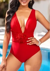 Modlily Ruched Red Floral Design One Piece Swimwear - L