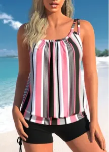 Modlily Ruched Striped Light Pink Tankini Top - S