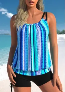 Modlily Ruched Striped Neon Blue Tankini Top - M