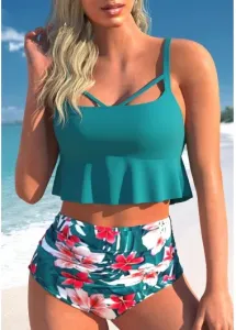 Modlily Ruffle Lace Up Turquoise Bikini Top - XXL