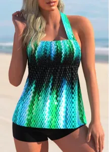 Modlily Smocked Ombre Colorful Printed Halter Tankini Set - S