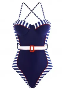 Modlily Striped Decorative Belt Navy Blue One Piece Swimwear - S