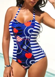 Modlily Striped Royal Blue Halter One Piece Swimwear - M