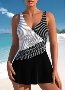 Modlily Surplice Striped Black One Piece Swimdress - L