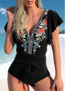 Modlily Tie Floral Print Black One Piece Swimwear - XL