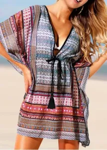Modlily Tribal Print Tie Front 3/4 Sleeve Cover Up Dress - XL