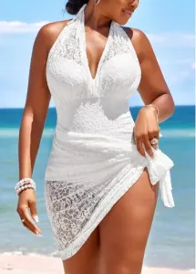 Modlily White Lace One Piece Swimwear and Cover Up - L
