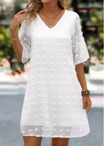 Modlily White Mesh Half Sleeve V Neck Shift Dress - L