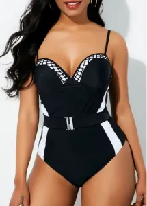 Modlily Womens Black One Piece Swimsuit Contrast Spaghetti Strap Belted One Piece Swimwear - L