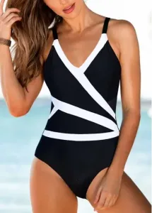 Modlily Womens Black One Piece Swimsuit V Neck Spaghetti Strap One Piece Swimwear - L