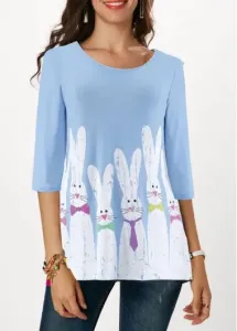 Modlily 3/4 Sleeve Rabbit Print Blue Cute Easter Shirts For Women - S
