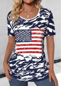 Modlily American Flag Navy Button Short Sleeve T Shirt - XXL