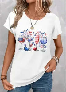 Modlily American Flag White Patchwork Short Sleeve T Shirt - M