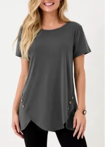Modlily Asymmetric Hem Dark Grey Decorative Button T Shirt - M