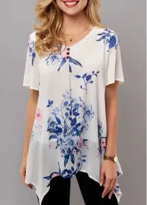 Modlily Asymmetric Hem Floral Print Short Sleeve T Shirt - S