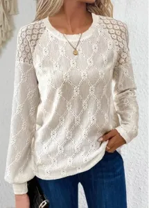 Modlily Beige Lace Long Sleeve Round Neck T Shirt - S #1250351