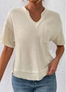 Modlily Beige Pocket Short Sleeve Split Neck T Shirt - L