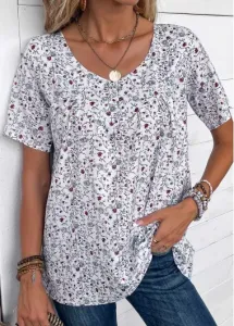Modlily Bleaching White Ruched Ditsy Floral Print T Shirt - L