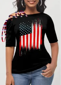 Modlily Black American Flag Print Lace Up T Shirt - S