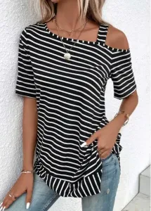 Modlily Black Asymmetry Striped Short Sleeve T Shirt - S