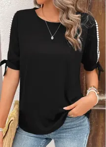 Modlily Black Bowknot Half Sleeve Round Neck T Shirt - L