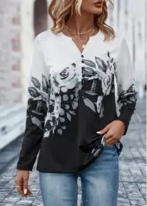 Modlily Black Button Floral Print Long Sleeve T Shirt - 2XL #763980