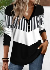 Modlily Black Button Geometric Print Long Sleeve T Shirt - XL