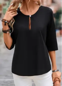 Modlily Black Button Half Sleeve Round Neck T Shirt - 3XL
