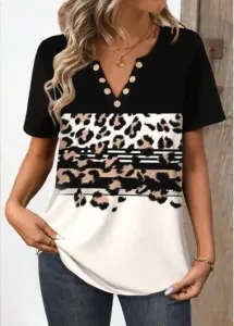 Modlily Black Button Leopard Short Sleeve Split Neck T Shirt - XXL