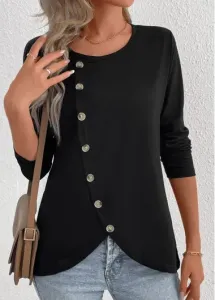 Modlily Black Button Long Sleeve Round Neck T Shirt - 2XL