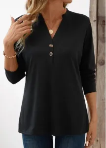 Modlily Black Button Long Sleeve Split Neck T Shirt - L #1213704