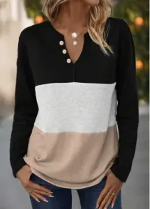 Modlily Black Button Long Sleeve Split Neck T Shirt - S #1227298