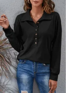 Modlily Black Button Long Sleeve T Shirt - 4XL