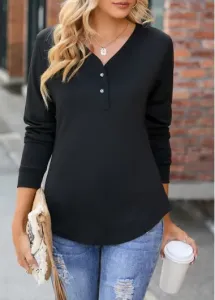 Modlily Black Button Long Sleeve V Neck T Shirt - 3XL