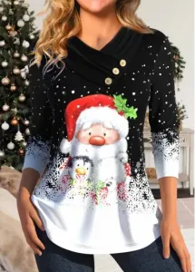Modlily Black Button Santa Claus Print Long Sleeve T Shirt - XXL