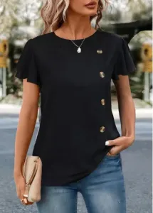 Modlily Black Button Short Sleeve Round Neck T Shirt - L