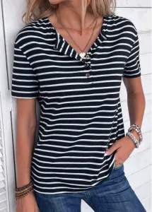 Modlily Black Button Striped Short Sleeve T Shirt - M #984779