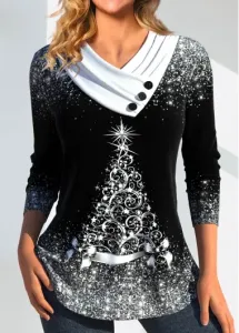 Modlily Black Christmas Print Long Sleeve Asymmetrical Neck T Shirt - L