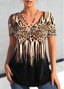 Modlily Black Circular Ring Leopard Short Sleeve T Shirt - S