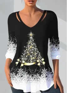 Modlily Black Cut Out Christmas Tree Print T Shirt - M