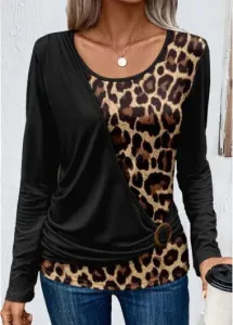Modlily Black Fake 2in1 Leopard Long Sleeve T Shirt - M