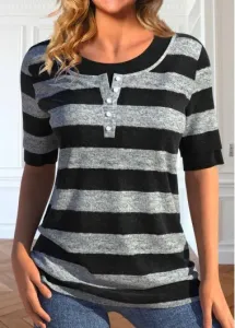 Modlily Black Fake 2in1 Striped Short Sleeve T Shirt - XL
