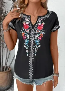 Modlily Black Floral Print Short Sleeve Split Neck T Shirt - L