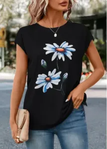 Modlily Black Floral Print Short Sleeve T Shirt - S