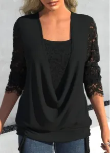 Modlily Black Lace Long Sleeve Square Neck T Shirt - M