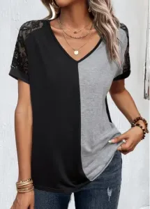 Modlily Black Lace Short Sleeve V Neck T Shirt - S #924457