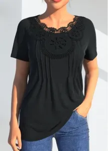 Modlily Black Lace Stitching Crinkle Chest T Shirt - S