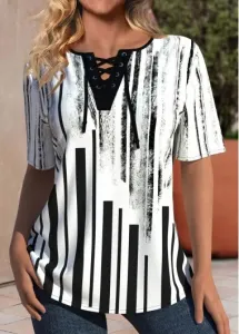 Modlily Black Lace Up Geometric Print Short Sleeve T Shirt - XL