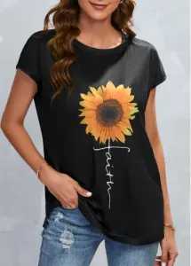 Modlily Black Lightweigh Sunflower Print Short Sleeve T Shirt - 2XL
