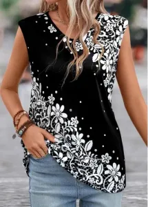 Modlily Black Lightweight Floral Print Short Sleeve T Shirt - L
